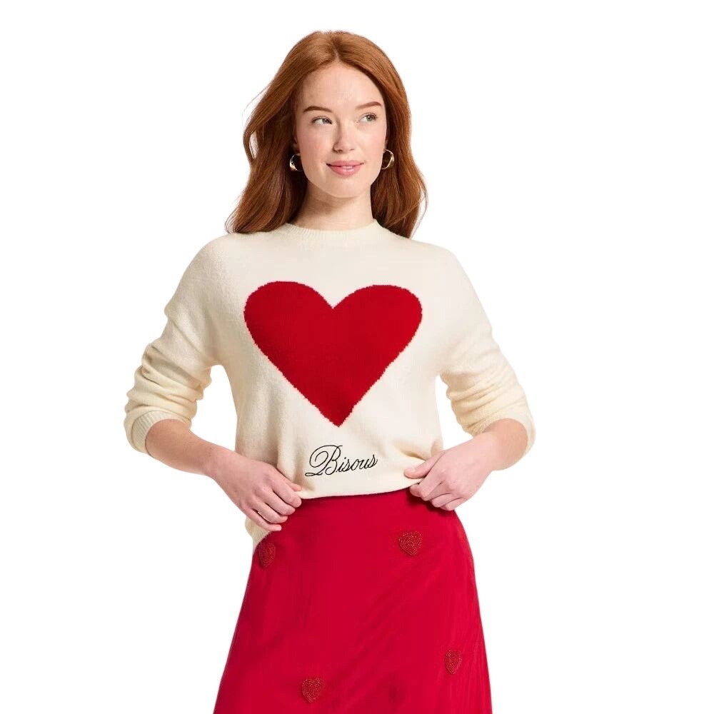 A New Day Women's Cream Heart Bisous Graphic Pullover Sweater Size XL
